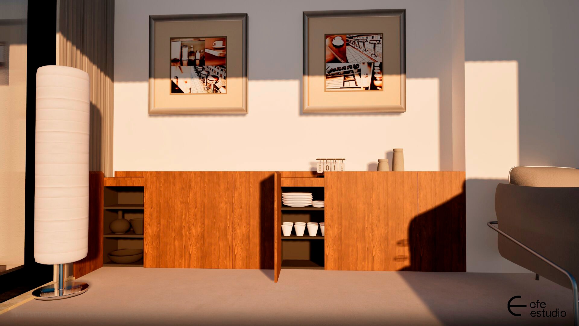 Aparador de madera con puertas abiertas