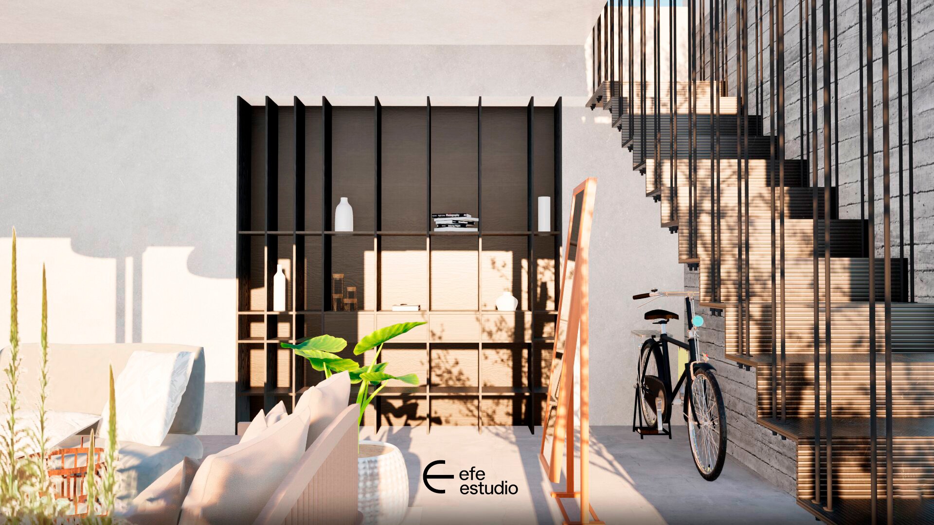 Biblioteca negra junto a escalera