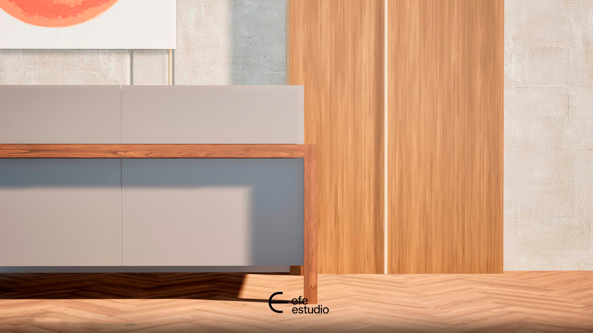 Detalle de aparador gris y madera