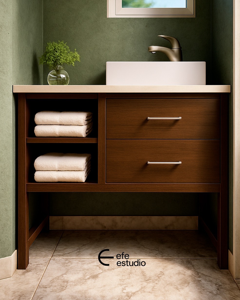 Vanitory de madera con bacha blanca